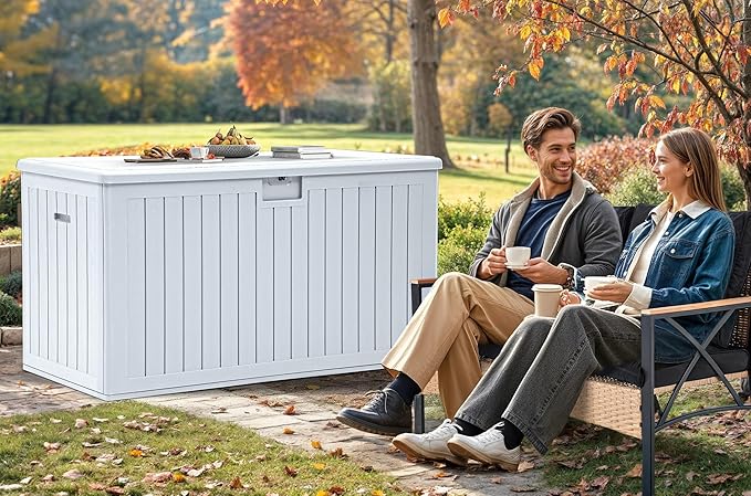 YITAHOME 200 Gallon Extra Large Deck Box, Double-Wall Resin Outdoor Storage Box with Flexible Divider for Patio Cushions Pool Supplies Garden Tools, 990 lbs Load Capacity, Lockable (White)