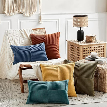 Fancy Homi 2 Packs Olive Green Samll Decorative Throw Pillow Covers 14x14 Inch with for Couch Bed Sofa, Rustic Farmhouse Boho Home Decor, Soft Corss Patchwork Corduroy Square Cushion Case 35x35 cm