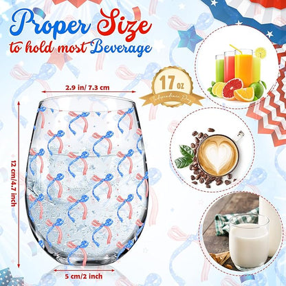 Sliner 2 Pack Patriotic Stemless Wine Glasses 17oz Red Blue Bow Drinking Glasses Independence Day Tumbler Cups for 4th of July Party Supplies Memorial Day Gift Decorations