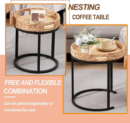 Nesting Coffee Table, Small Round Stacking Side Table with Metal Frame, Modern End Table for Living Room Bedroom Office Balcony (Rattan, 1)