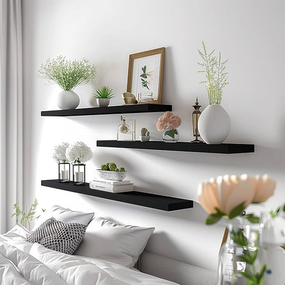 Wood Floating Shelves for Wall Decor, Rustic Wall Shelves for Bedroom Bathroom Kitchen Living Room, Set of 4 Black 36 Inch