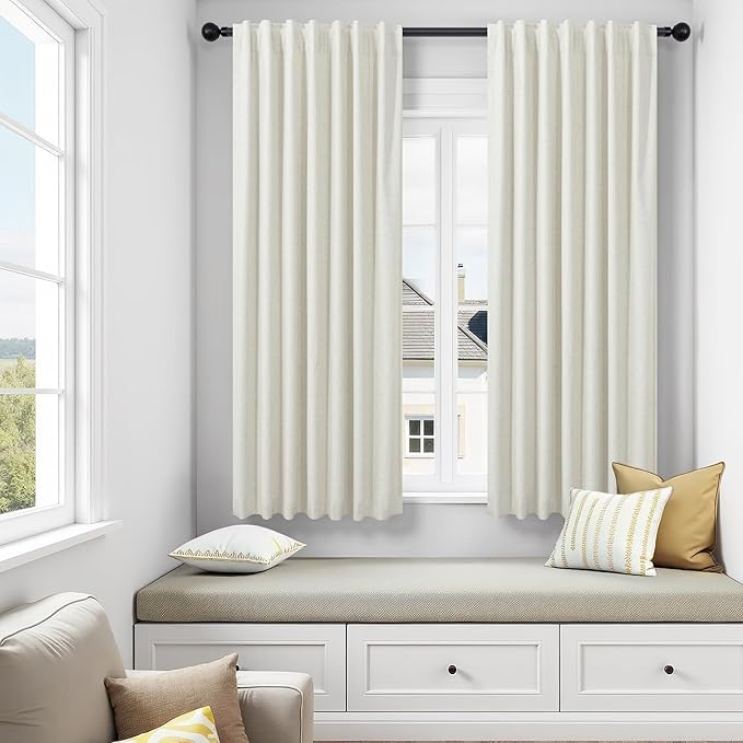 Room Darkening Curtains 72 Inch Long 2 Panels Burg Elegant Heavy Linen Complete Blackout Insulated Bay Window Curtains Viral Modern Neutral Drapes for Bedroom Cabin Kitchen 6FT Length Back Tab Cream