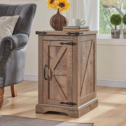 JXQTLINGMU Farmhouse Nightstand Set of 2 with Charging Station, 17"D Rectangular End Table with Barn Door & Adjustable Storage Shelf, Wood Rustic Sofa Side Table for Living Room, Bedroom, Light Brown