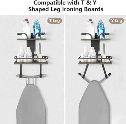 VINAEMO Ironing Board Hanger Wall Mount, 2-Layer Iron and Ironing Board Holder, Laundry Room Shelves Solid Wood with Removable Hooks Home Organization and Storage
