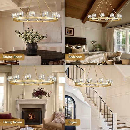 Gold Wagon Wheel Chandelier, 59 Inch Brass Chandeliers with Unique Glass Shade, 15-Light Crystal Large Wagon Wheel Chandeliers for Dining Room, High Ceiling Round Chandelier for Living Room, Foyer