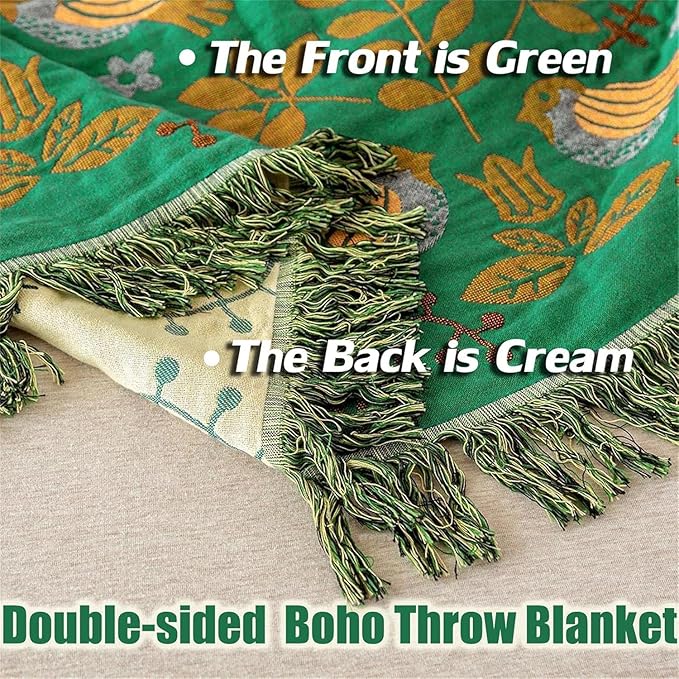 MSGKV Cotton Bed Blanket for Couch and Sofa Blankets for Living Room Bedroom Floral and Birds Throw 80"x90" Breathable Cozy Boho Blankets