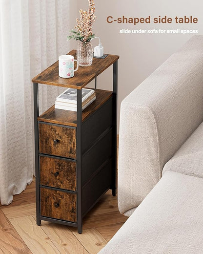 TUTOTAK Narrow Night Stand with Charging Station, Slim End Table with Plugins, Tall Side Table with 3 Fabric Drawer, Small Bedside Table with Storage, Living Room, Bedroom, Brown TB01BB086
