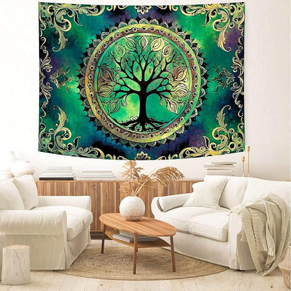 Delur Tree of Life Tapestry Green Nature Bohemian Mandala Spiritual Tapestry Wall Hanging Mystical Landscape Hippie Psychedelic Headboard for Bedroom Living Room Home Decor (59.1" x 78.7")