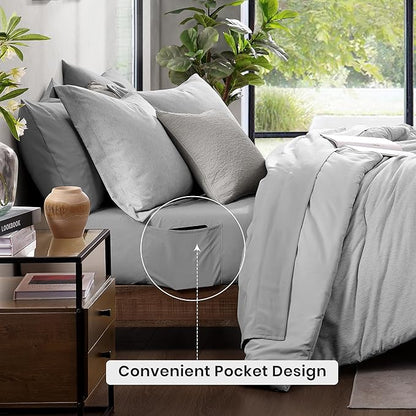 Monbix Queen Comforter Set - 7 Pieces Cationic Dyeing Light Grey Bed in a Bag Queen Bedding Sets with Comforter, Sheets, Pillowcases & Shams, Reversible Bedding Comforters Sets