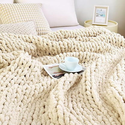 Admitrack Chunky Knit Blanket Throw 51"x63", 100% Hand Knit Chenille Throw Blanket for Sofa & Home Decor, Soft and Cozy Knitted Throw Blankets (Ivory，51"x63")