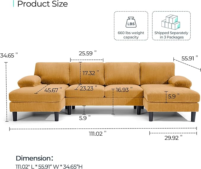 LINSY HOME Sectional Couch, 111'' W Corduroy U Shaped Sofa with Sleepable Armrests, 4 Seat Couch with Double Chaises, Deep Seat Sofa for Living Room, Yellow