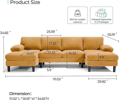 LINSY HOME Sectional Couch, 111'' W Corduroy U Shaped Sofa with Sleepable Armrests, 4 Seat Couch with Double Chaises, Deep Seat Sofa for Living Room, Yellow