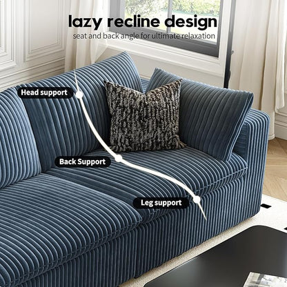 118" Cloud Couch Oversized Modular Sectional Sofa for Living Room,Modern Sofa with Deep Seat，V Shaped Boneless Couch,Comfy Upholstered Corduroy Couches for Apartment, Studio, Office,Bedroom，Blue