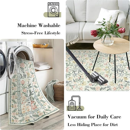Wonnitar Washable Rug Runner 2'6''x8', Boho Floral Hallway Runner Rug 8ft Long Carpet for Bedroom, Soft Non Slip Ultra-Thin Beige Carpets for Bathroom Kitchen Bedside