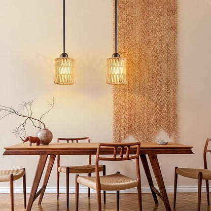 Pendant Light Boho Hanging Lamp, Rattan Hanging Lights with 2 in 1 Linen & Woven Shade, Ceiling Light Fixtures for Kitchen Island, Dining Room, Farmhouse, Bedroom (1 Pack)