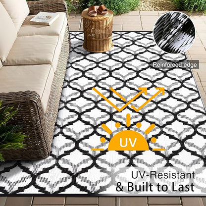 OLANLY Reversible Outdoor Rug 6x9 ft Clearance, Waterproof Outdoor Plastic Straw Rug with Interlacing Pattern, RV Mat for Patio, Camping, Balcony, Deck, Backyard, Black & White