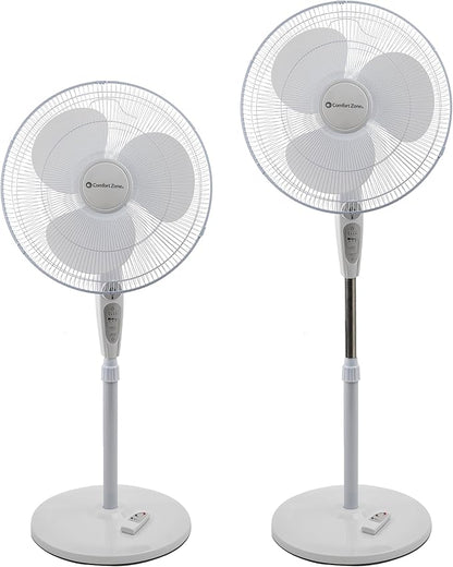 Comfort Zone 18-Inch Oscillating Pedestal Fan with Remote Control, 3-Speed Standing Fan with Adjustable Height (45–52”), Tilt, 4-Hour Timer & Auto Shutoff – Quiet Bedroom Fan, White