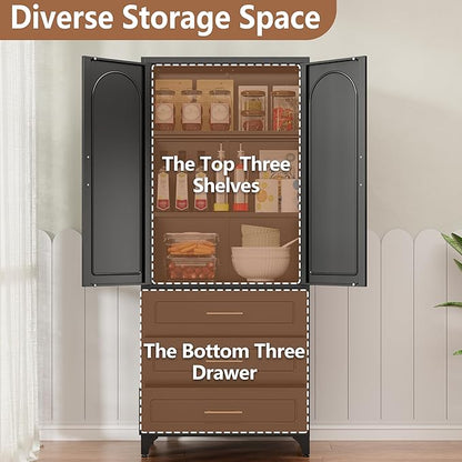 Kitchen Pantry Cabinet, 75" Tall Pantry Cabinet with Three Drawers, Freestanding Food Cupboard with Doors and Shelves, Metal Storage Cabinets for Dining, Living Room, Black, Assembly Required
