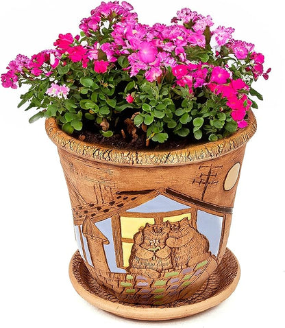 Ceramic Pot with Drainage Hole and Saucer, Plant Pots, Modern Decorative Planters for House Plants Indoor Flowers Plants, Cute Flower Pot - Gifts (Cats (3 L))