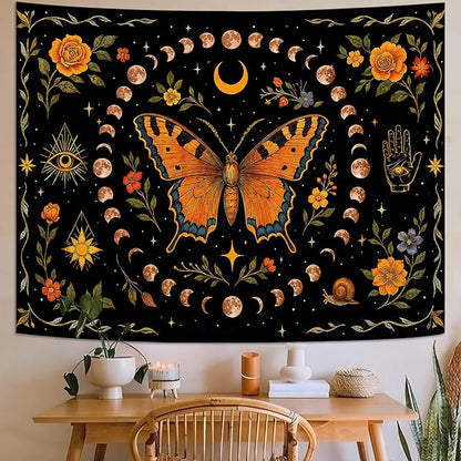 Lunerfex Moon Phase Butterfly Floral Wall Tapestry, Celestial Botanical Tapestries for Room Decor, Mystical Tapestry 60x44 Inch