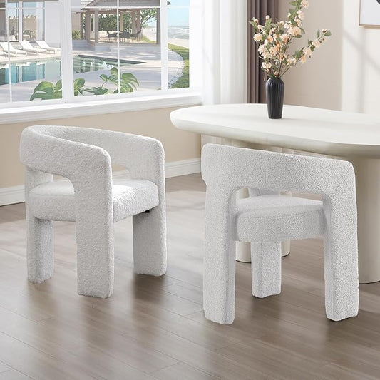White Boucle Dining Chairs Set of 2, Modern Barrel Dining Room Chairs Upholstered Faux Fur Accent Chair with Arms and Round Back for Living Room Kitchen Armchair No Assembly Needed