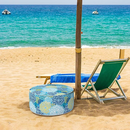 Inflatable Ottoman Stool D21 xH9 for Outdoor/Indoor Use, Water Repellent Patio Foot Rest Stool with Portable Handle,Round Pouf Ottoman Suitable for Garden,Deck and Camping - Dahlia Blue