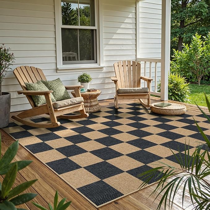 Lahome Checkered Easy Jute Area Rug, 5x7 Outdoor Patio Rug Washable Carpet for Living Room Checkerboard Indoor Outdoor Carpet, Farmhouse Geometric Non Slip Black Mat for Backyard Dining Room