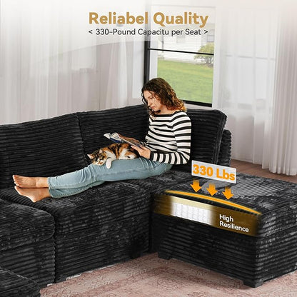 Modular Sectional Sofa with Chaise U Shaped Sectional Couch for Living Room, 7-Seater Comfy Cloud Couches with One Movable Ottoman, Plush Corduroy, Black