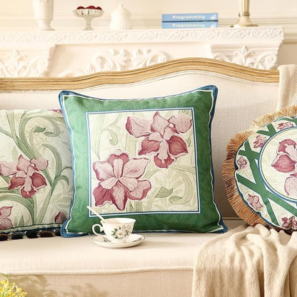 patdrea Designer Throw Pillow Covers Set of 4,French Elegant Green Linen with Iris Floral Collection Pattern Pillow Covers,Decorative Lumbar Square Round Pillowcases Cushion for Bed Living Room