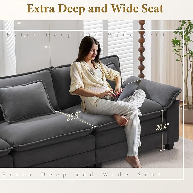 URRED Modular Sectional Sofa Comfy Cloud Couch, Modern Velvet Sofa Sleeper Deep Seat Couches with Ottoman/Pillows for Living Room (Dark Gray, 82.6''- L Shape)