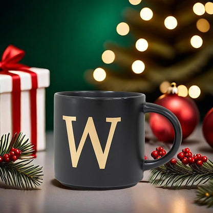 COLLECTIVE HOME - Monogram Ceramic Mugs, 15 oz Golden Initial Black Coffee Cups, Elegant Alphabet Tea Mugs, Elegant Personalized Mug with Gift Box, Unique Mug with Double Side Capital Lette (W)