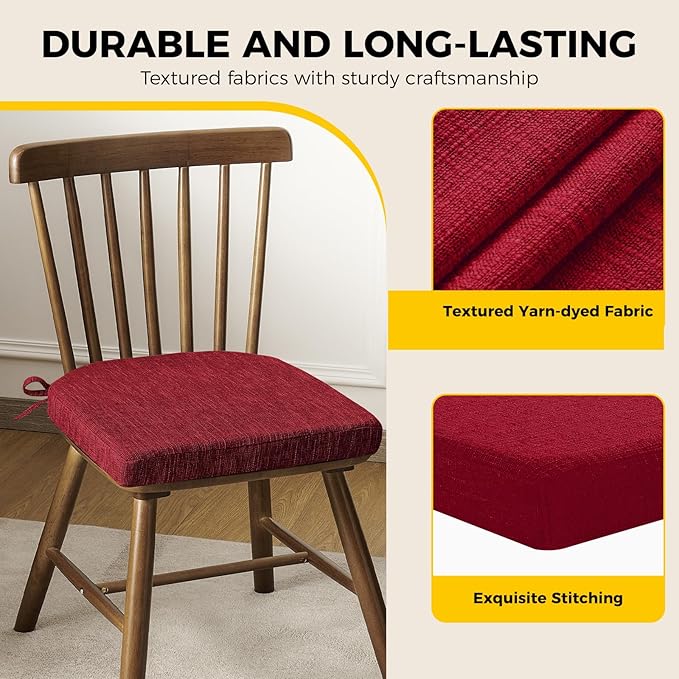 downluxe Indoor Chair Cushions for Dining Chairs, Soft and Comfortable Textured Foam Kitchen Chair Pads with Ties and Non-Slip Backing, 16" x 16" x 2", Red, 2 Pack