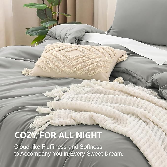 Litanika Comforters Medium Gray Super King Plus Size, 3 Pieces Lightweight Solid Bedding Set & Collections, All Season Fluffy Bed Set (128x120In Comforter & 2 Pillowcases)
