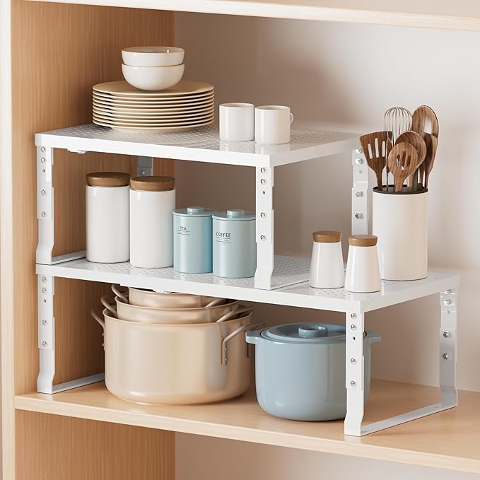 Metal Stackable Expandable Storage Shelf - Multi-Functional Home Storage Shelf, Suitable for Kitchen, Cabinet，Bathroom, Office, Garage, etc.（1PACK/White/Large
