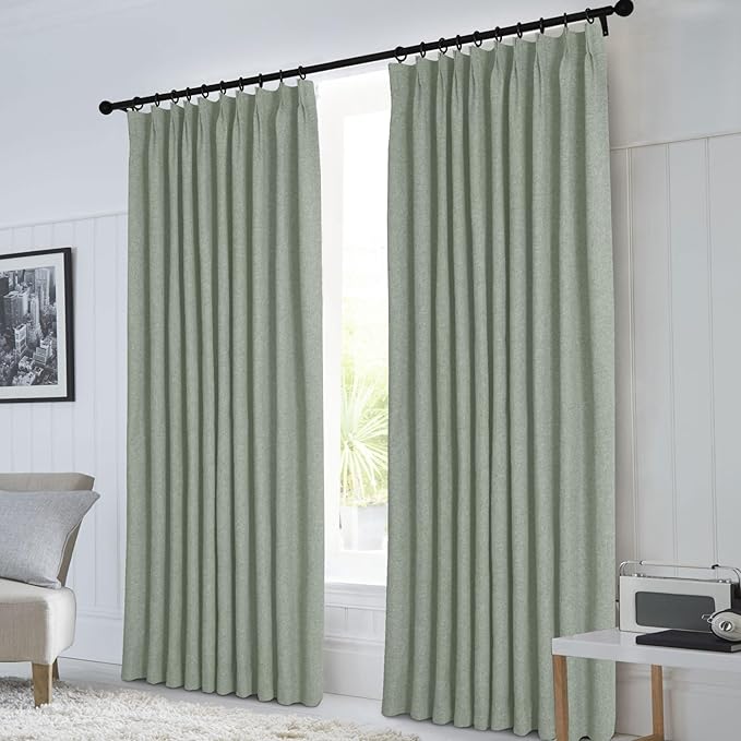 Macochico Pinch Pleated Blackout Curtains 102 Inches Long 100% Light Blocking Fog Green Linen Drapes for Bedroom Living Room Farmhouse Shabby Chic Burlap Curtains with Tieback 72”Wx102”L 1 Panel