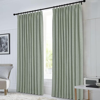 Macochico Pinch Pleated Blackout Curtains 102 Inches Long 100% Light Blocking Fog Green Linen Drapes for Bedroom Living Room Farmhouse Shabby Chic Burlap Curtains with Tieback 72”Wx102”L 1 Panel