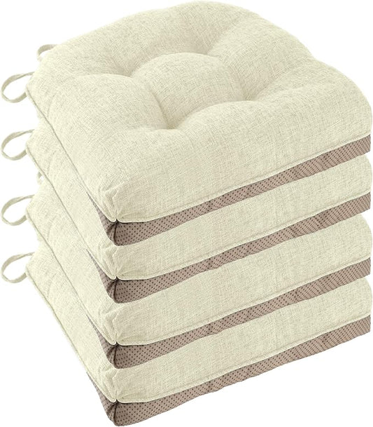 Non Slip Chair Cushions for Dining Chairs Set of 4 Kitchen Chair Cushions 18"x18"x3" Turfted Chair Pads Comfortable and Soft Seat Cushion with Ties, Beige