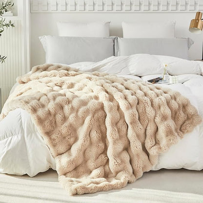 RYNGHIPY Faux Fur Blanket Fluffy Warm Throw Blanket for Sofa Couch Decorative Bed Blanket for Bedroom Living Room Bubble Blanket (Camel, 63''x79'')