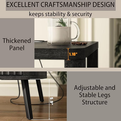 Nightstand Set of 2 with Charging Station, 24" End Table Side Table with Open Shelf, Modern Large Wood Fluted Bedside Cabinet for Bedroom, Living Room, Black