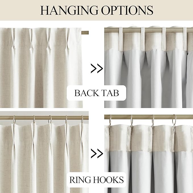 Vision Home Natural Pinch Pleated Full Blackout Curtains Linen Blended Room Darkening Window Curtains 72 inch for Living Room Bedroom Thermal Insulated Pinch Pleat Drapes with Hooks 1 Panel 60"Wx72"L