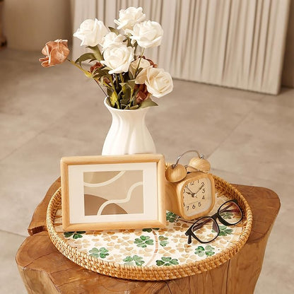 Round Rattan Tray with Mother of Pearl Inlay & Wooden Base - Decorative Wicker Serving Tray for Coffee/Bread/Fruits, Food Storage & Display - Multipurpose Home Decor (M,Four-Leaf Clover)
