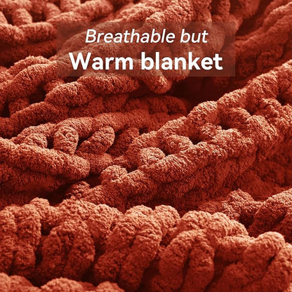 Chunky Knit Throw Blanket, 40''*50'' Fall Throw Blanket Knitted Chenille Yarn for Bed Couch, Handmade Orange Crochet Big Thick Blanket, Machine Washable Cute Comfy Blankets for Home Decor