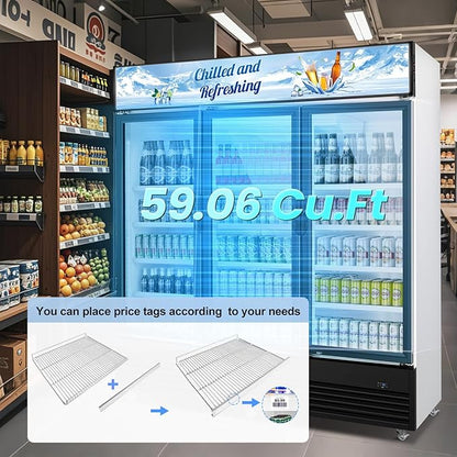 Tylza Commercial Refrigerator, Three Glass Door Display Beverage Fridge, 59.06 Cu Ft Upright Beverage Cooler Merchandiser with Replaceable Advertising Light Board, Rebound Door, Fast Cooling