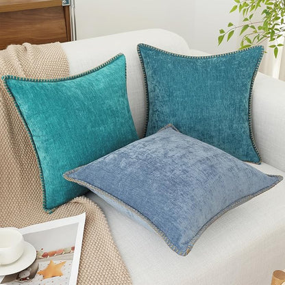 decorUhome Chenille Soft Throw Pillow Covers 26x26 Set of 2, Farmhouse Velvet Neutral Decorative Euro Pillow Covers with Stitched Edge for Couch Sofa Bed Home Decor, Teal