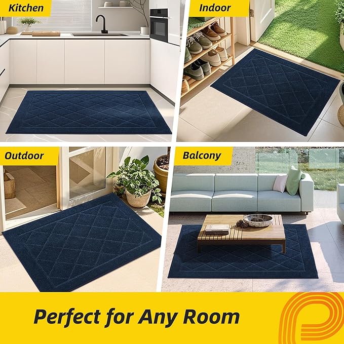 JSEI Dirt Trapper Door Mat 20"x32", Non-Slip Washable Entryway Mats, Dog Door Mat, Stain Resistant and Absorbent Floor Mats, Low Profile Welcome Mat for Front Back Door, Navy Blue