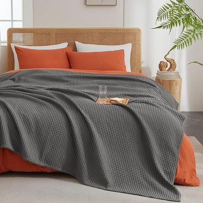 PHF Ultra Soft Waffle Weave Throw Blanket 50"x 60"- Washed Lightweight Breathable Cozy Woven Blanket for Bed - Aesthetic Decor for Couch Bedding Sofa Home Car - Grey