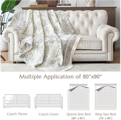 jinchan Boho Floral 100% Cotton Blanket 4-Layer Throw Blanket with Tassel Grey and White Flower Butterfly Soft Luxury Rustic Farmhouse Decor Blanket for Couch Bed 80x90 inch All Season Gift for Women
