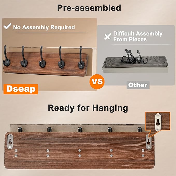Dseap Coat Rack Wall Mount: Modern, Patented, Heavy-Duty, 17.4" Long 5-Double-Hooks Wooden Hanger Hook Rail for Winter Coats Hat Jacket Clothing, Black
