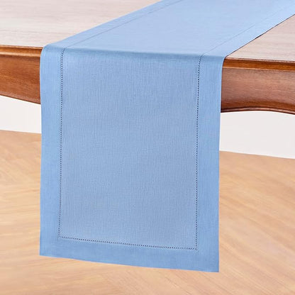 Solino Home Linen Cornflower Blue Hemstitch Table Runner 48 Inches - 100% Pure Linen Small Table Runner 14 x 48 Inch Ideal for Dresser and Coffee Tables - Classic Hemstitch