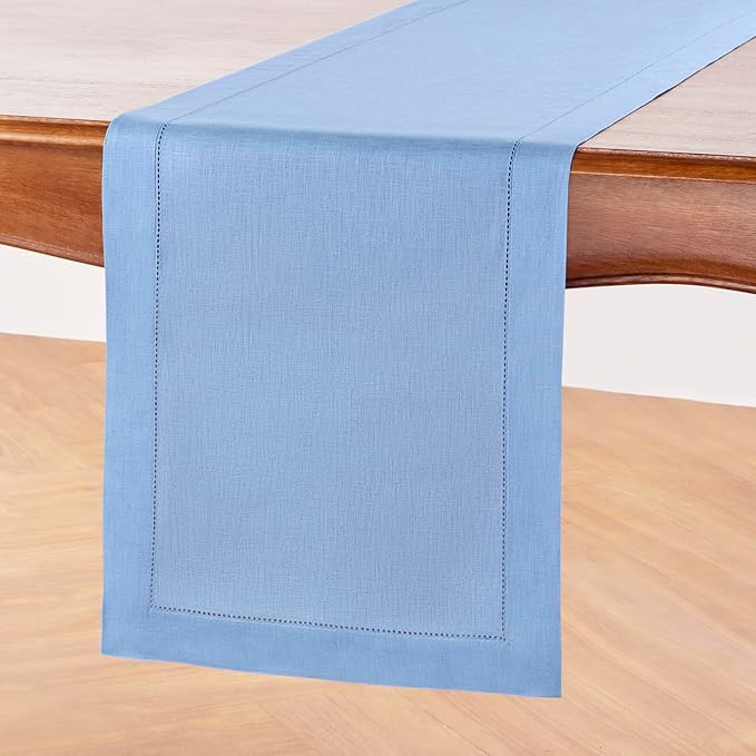 Solino Home Linen Cornflower Blue Hemstitch Table Runner 36 Inches - 100% Pure Linen Small Table Runner 14 x 36 Inch Ideal for Dresser and Coffee Tables - Classic Hemstitch